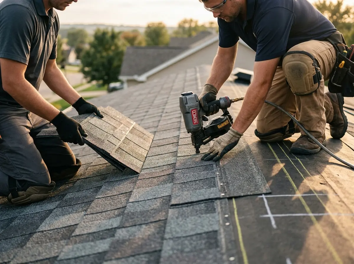 Professional roofer working on a residential roof in Stanford